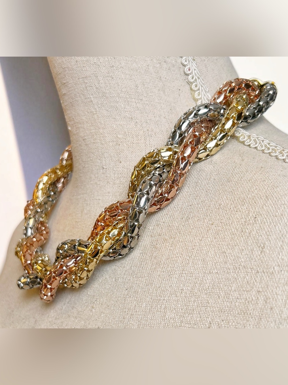 Vintage tri-tone braided metal mesh collar necklace, Germany Statement RARE - Picture 3 of 7